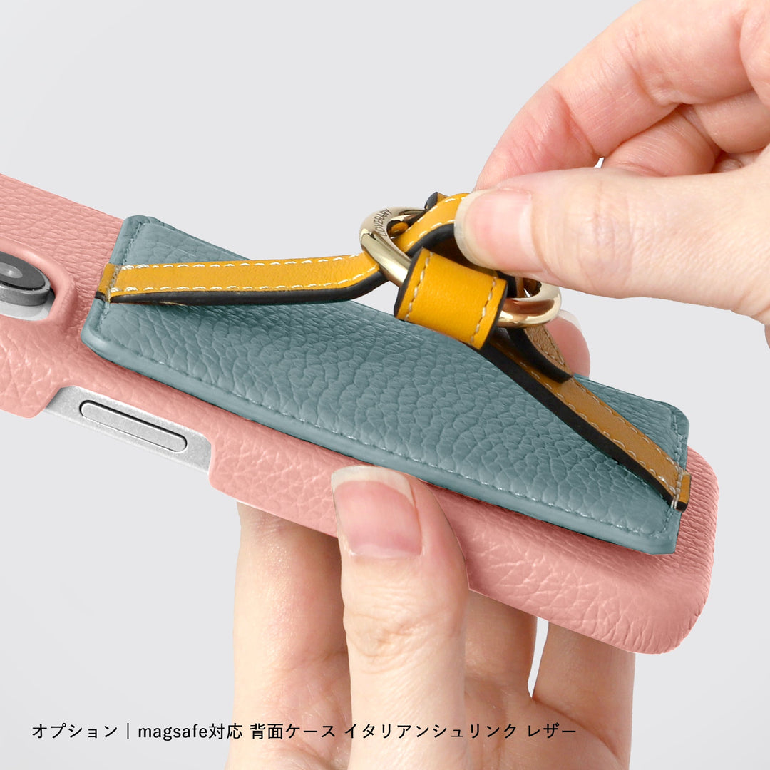 MagSafe-compatible genuine leather card pocket with ring buckle strap, 32 colors, Italian shrink leather