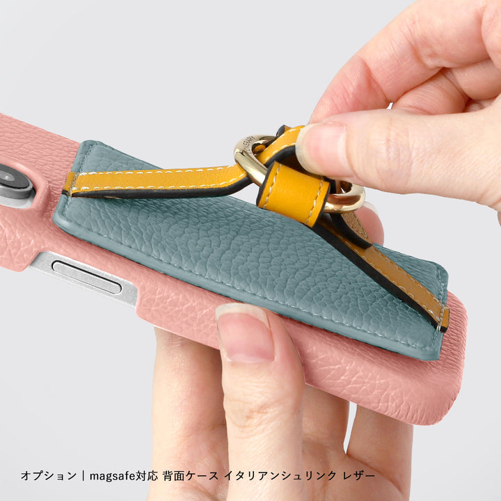 MagSafe-compatible genuine leather card pocket with ring buckle strap, 32 colors, Italian shrink leather