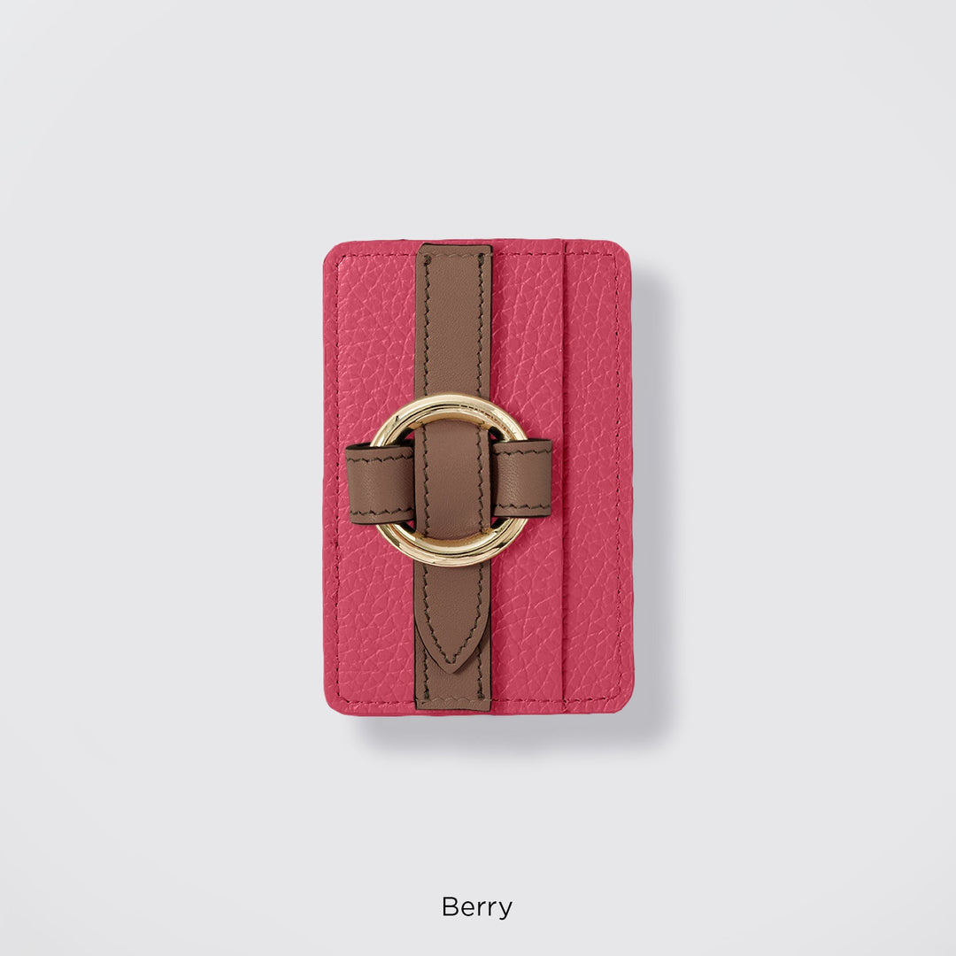 MagSafe-compatible genuine leather card pocket with ring buckle strap, 32 colors, Italian shrink leather