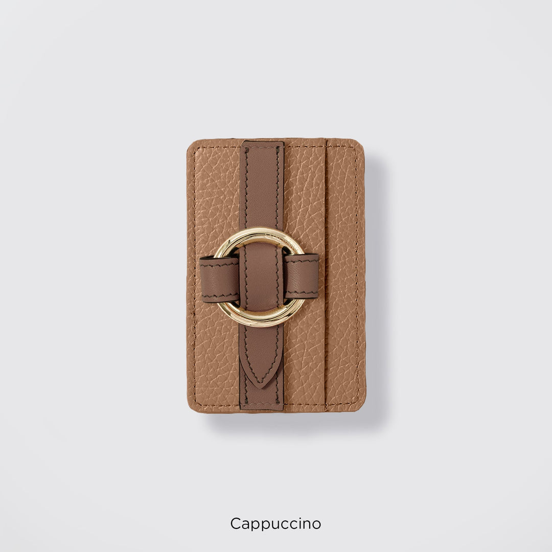 MagSafe-compatible genuine leather card pocket with ring buckle strap, 32 colors, Italian shrink leather