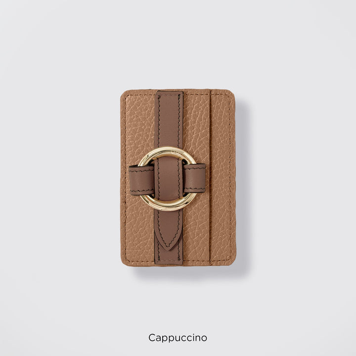 MagSafe-compatible genuine leather card pocket with ring buckle strap, 32 colors, Italian shrink leather