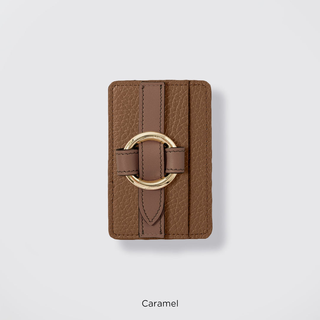 MagSafe-compatible genuine leather card pocket with ring buckle strap, 32 colors, Italian shrink leather
