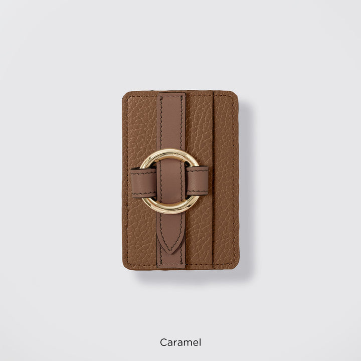 MagSafe-compatible genuine leather card pocket with ring buckle strap, 32 colors, Italian shrink leather