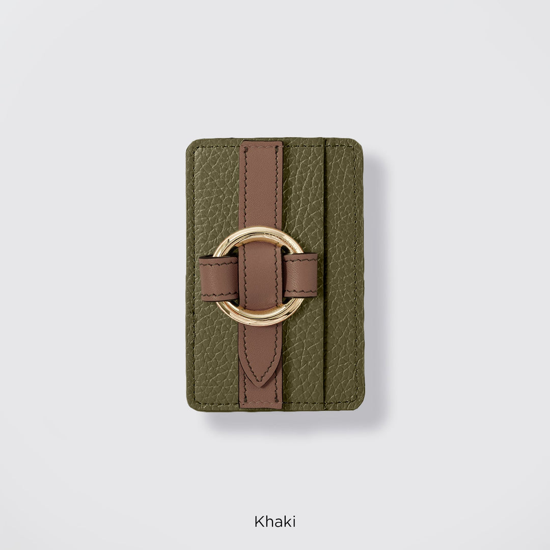MagSafe-compatible genuine leather card pocket with ring buckle strap, 32 colors, Italian shrink leather