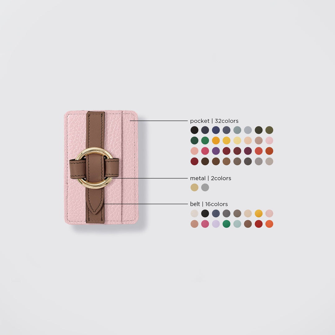 MagSafe-compatible genuine leather card pocket with ring buckle strap, 32 colors, Italian shrink leather