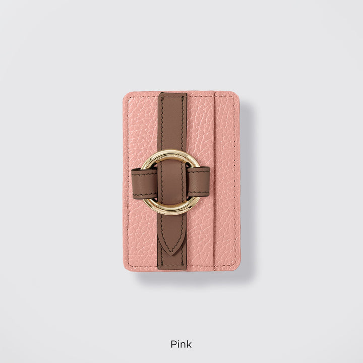 MagSafe-compatible genuine leather card pocket with ring buckle strap, 32 colors, Italian shrink leather