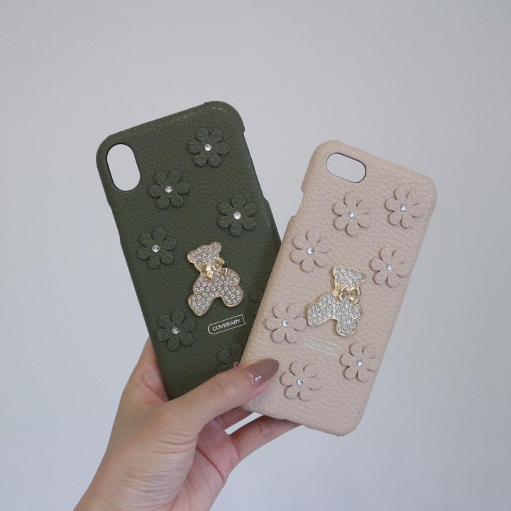 本革 32色 イタリアンシュリンクレザー フラワーベアデコ 背面ケースB（ストーン）