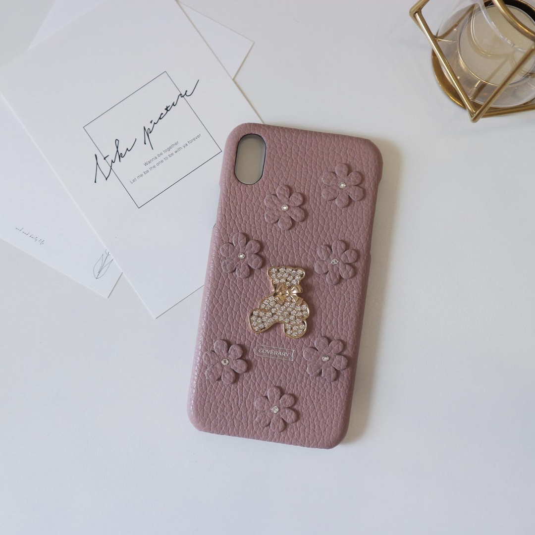 本革 32色 イタリアンシュリンクレザー フラワーベアデコ 背面ケースB（ストーン）