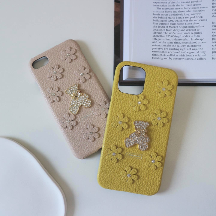 本革 32色 イタリアンシュリンクレザー フラワーベアデコ 背面ケースB（ストーン）