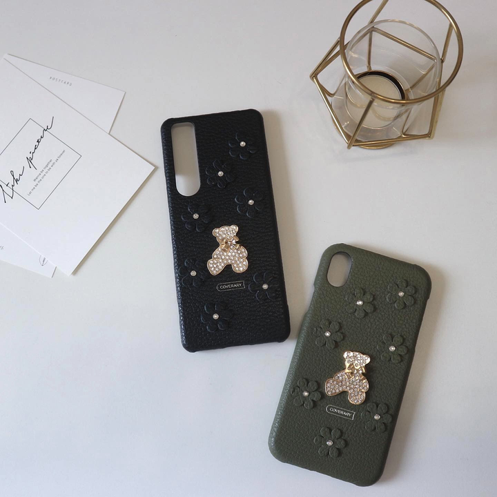 本革 32色 イタリアンシュリンクレザー フラワーベアデコ 背面ケースB（ストーン）