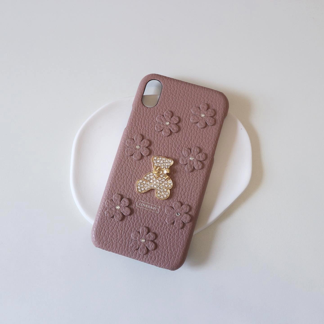 本革 32色 イタリアンシュリンクレザー フラワーベアデコ 背面ケースB（ストーン）