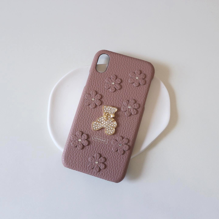 本革 32色 イタリアンシュリンクレザー フラワーベアデコ 背面ケースB（ストーン）