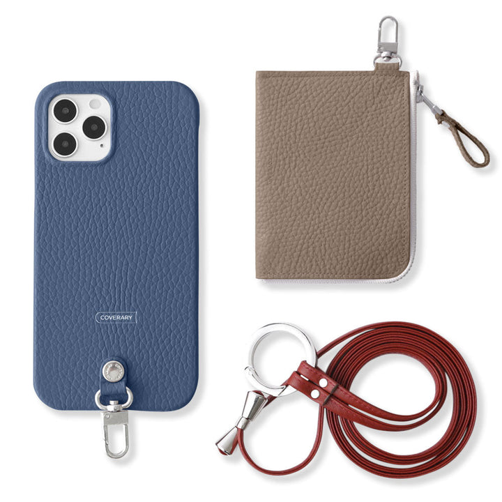 Ensemble 3 pièces en cuir italien grainé véritable C avec mini portefeuille et bandoulière à anneau (avec ferrures) pour coque arrière iPhone série