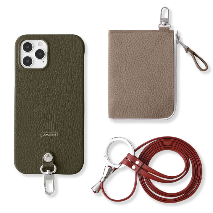 Ensemble 3 pièces en cuir italien grainé véritable C avec mini portefeuille et bandoulière à anneau (avec ferrures) pour coque arrière iPhone série