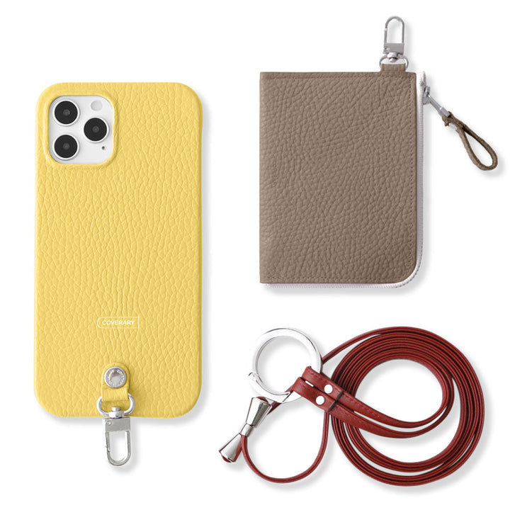 Ensemble 3 pièces en cuir italien grainé véritable C avec mini portefeuille et bandoulière à anneau (avec ferrures) pour coque arrière iPhone série