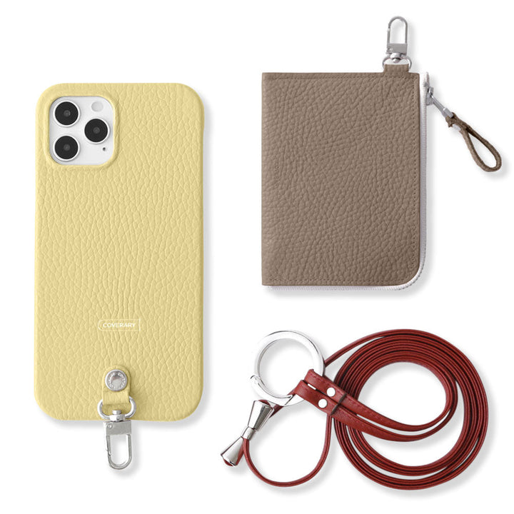 Ensemble 3 pièces en cuir italien grainé véritable C avec mini portefeuille et bandoulière à anneau (avec ferrures) pour coque arrière iPhone série