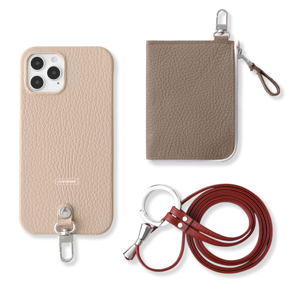 Ensemble 3 pièces en cuir italien grainé véritable C avec mini portefeuille et bandoulière à anneau (avec ferrures) pour coque arrière iPhone série