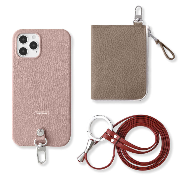 Genuine leather Italian shrink leather 3-piece set C with mini wallet & ring shoulder strap (with metal fittings) back case for Google Pixel series