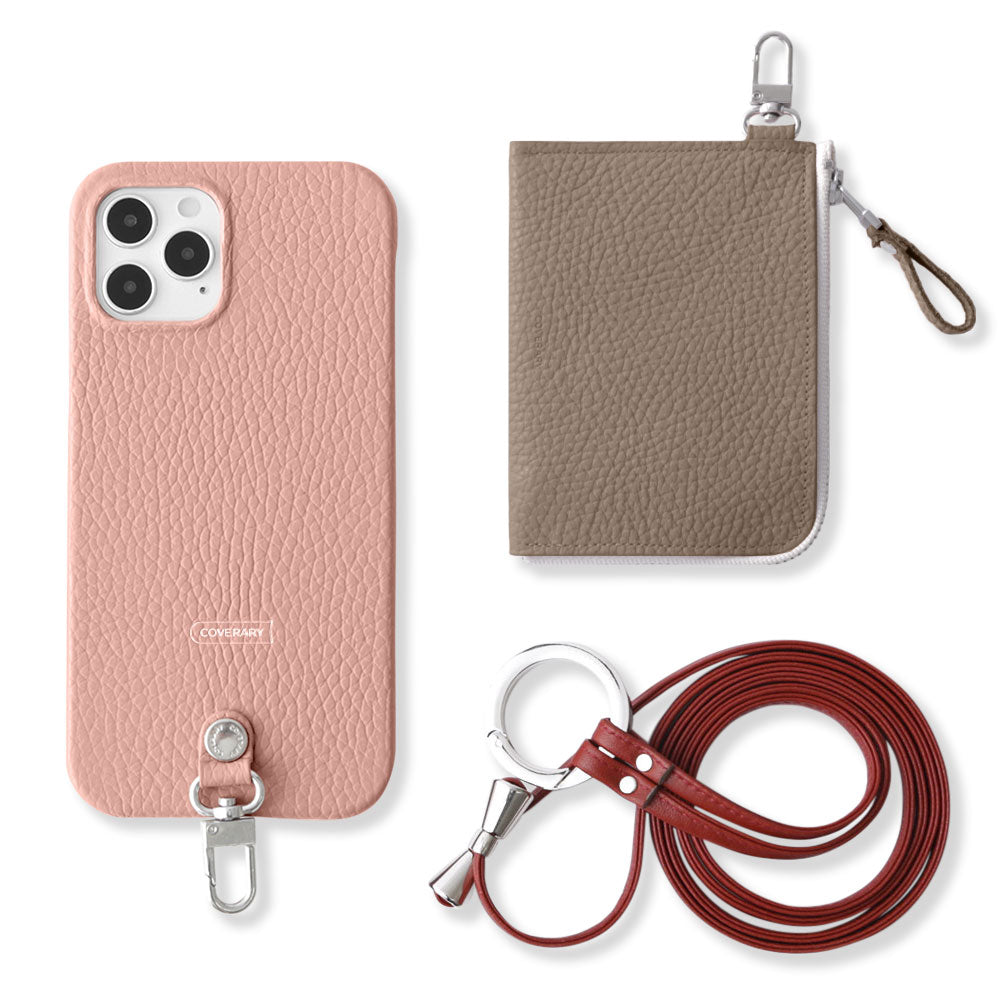 Ensemble 3 pièces en cuir italien grainé véritable C avec mini portefeuille et bandoulière à anneau (avec ferrures) pour coque arrière Galaxy série