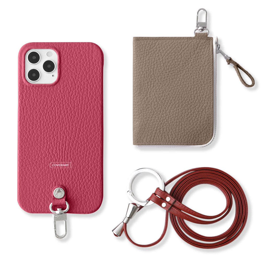 Ensemble 3 pièces en cuir italien grainé véritable C avec mini portefeuille et bandoulière à anneau (avec ferrures) pour coque arrière iPhone série