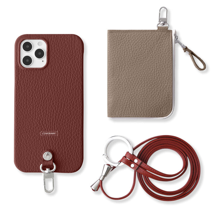 Ensemble 3 pièces en cuir italien grainé véritable C avec mini portefeuille et bandoulière à anneau (avec ferrures) pour coque arrière iPhone série
