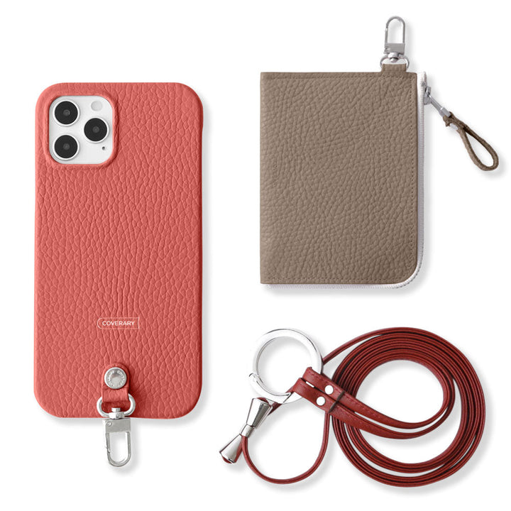 Ensemble 3 pièces en cuir italien grainé véritable C avec mini portefeuille et bandoulière à anneau (avec ferrures) pour coque arrière iPhone série