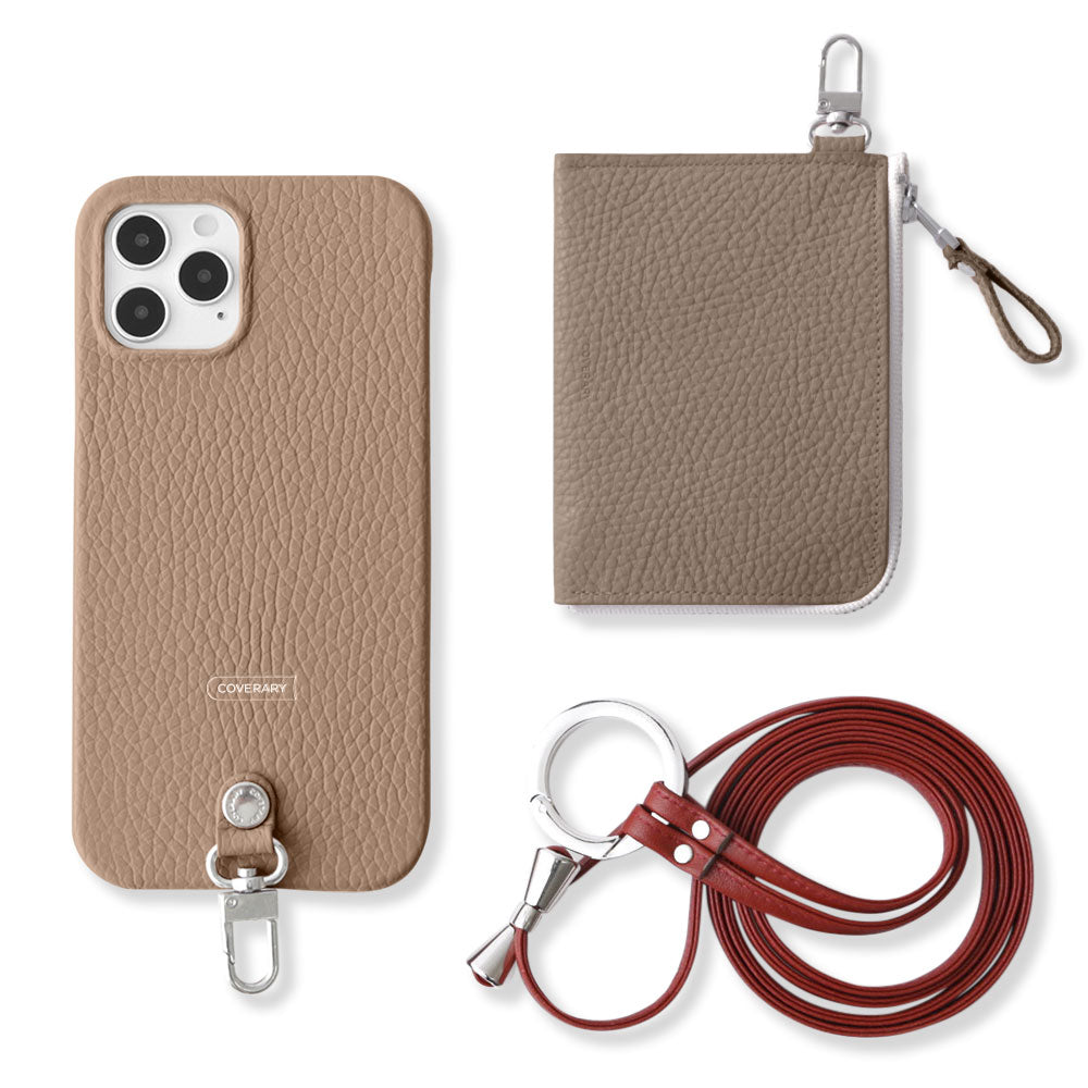 Ensemble 3 pièces en cuir italien grainé véritable C avec mini portefeuille et bandoulière à anneau (avec ferrures) pour coque arrière iPhone série