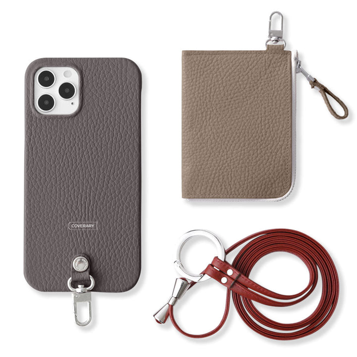 Ensemble 3 pièces en cuir italien grainé véritable C avec mini portefeuille et bandoulière à anneau (avec ferrures) pour coque arrière iPhone série