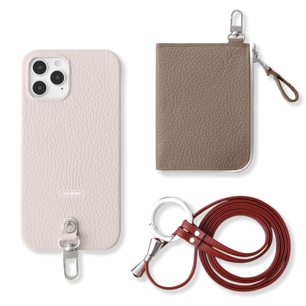 Ensemble 3 pièces en cuir italien grainé véritable C avec mini portefeuille et bandoulière à anneau (avec ferrures) pour coque arrière iPhone série