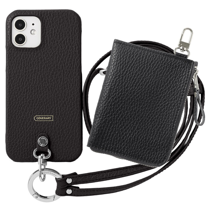 Ensemble 3 pièces en cuir italien grainé C avec mini portefeuille et bandoulière à anneau (avec ferrures) et coque arrière