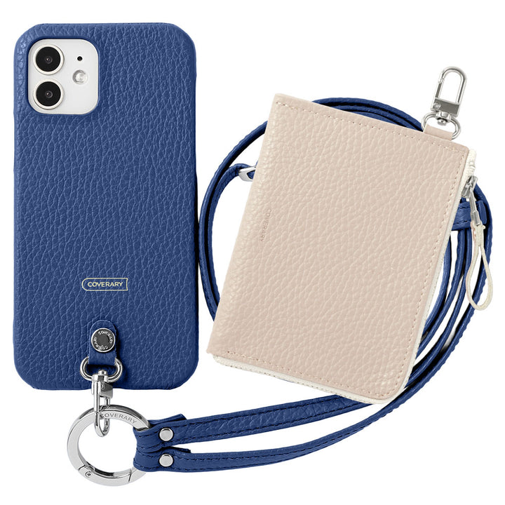 Ensemble 3 pièces en cuir italien grainé C avec mini portefeuille et bandoulière à anneau (avec ferrures) et coque arrière