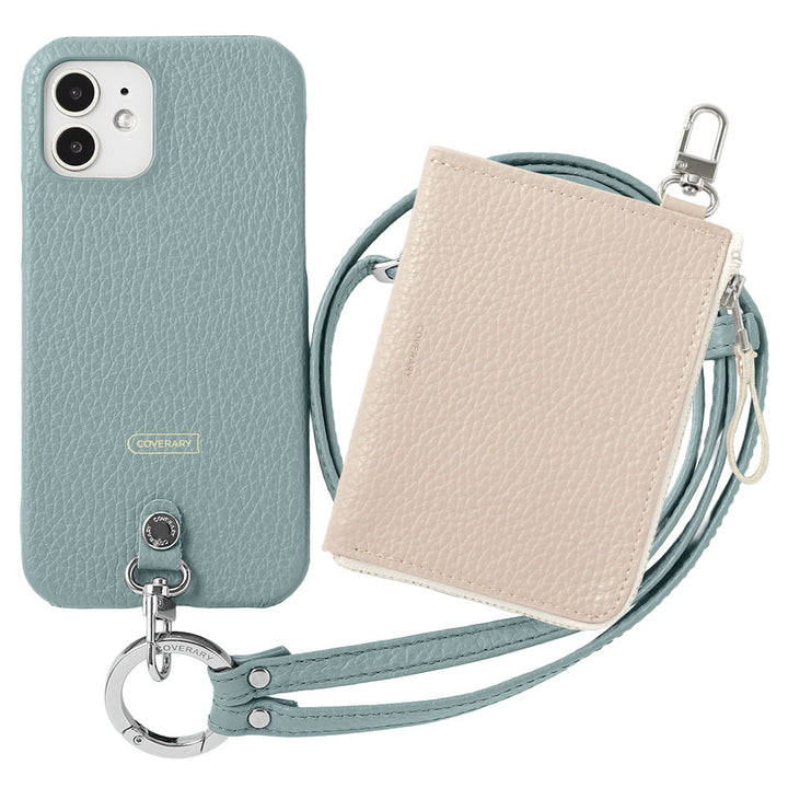 Ensemble 3 pièces en cuir italien grainé C avec mini portefeuille et bandoulière à anneau (avec ferrures) et coque arrière