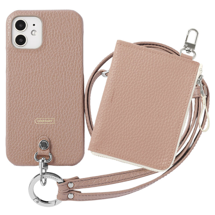 Ensemble 3 pièces en cuir italien grainé C avec mini portefeuille et bandoulière à anneau (avec ferrures) et coque arrière
