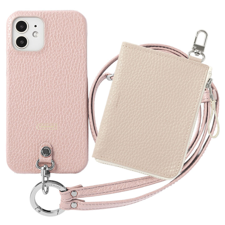 Ensemble 3 pièces en cuir italien grainé C avec mini portefeuille et bandoulière à anneau (avec ferrures) et coque arrière