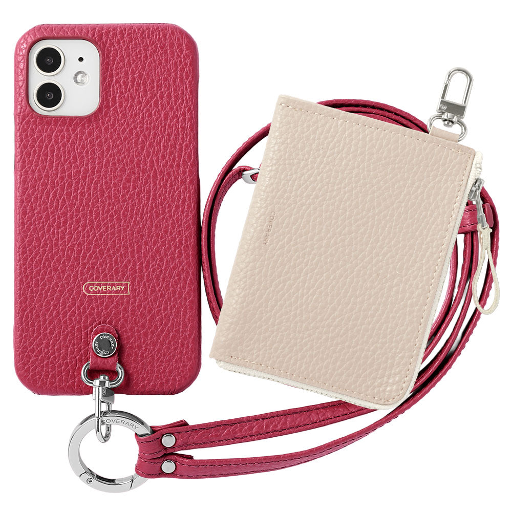Ensemble 3 pièces en cuir italien grainé C avec mini portefeuille et bandoulière à anneau (avec ferrures) et coque arrière