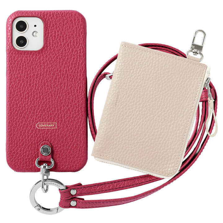Ensemble 3 pièces en cuir italien grainé C avec mini portefeuille et bandoulière à anneau (avec ferrures) et coque arrière