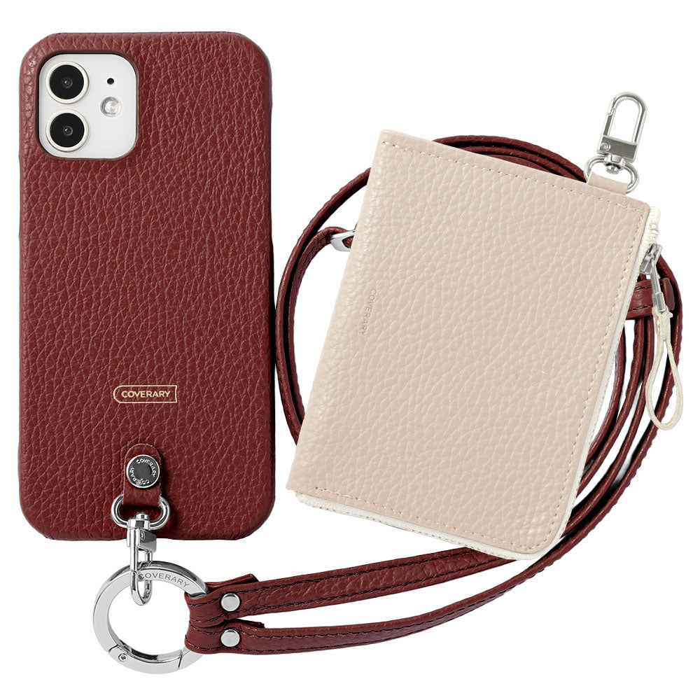 Ensemble 3 pièces en cuir italien grainé C avec mini portefeuille et bandoulière à anneau (avec ferrures) et coque arrière