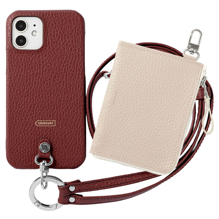 Ensemble 3 pièces en cuir italien grainé C avec mini portefeuille et bandoulière à anneau (avec ferrures) et coque arrière
