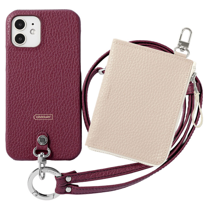 Ensemble 3 pièces en cuir italien grainé C avec mini portefeuille et bandoulière à anneau (avec ferrures) et coque arrière