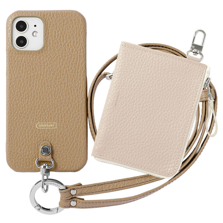 Ensemble 3 pièces en cuir italien grainé C avec mini portefeuille et bandoulière à anneau (avec ferrures) et coque arrière