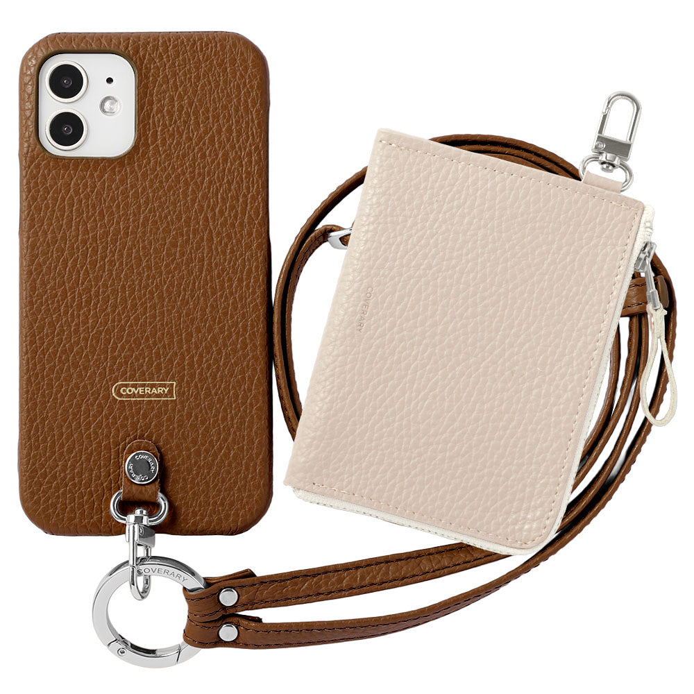 Ensemble 3 pièces en cuir italien grainé C avec mini portefeuille et bandoulière à anneau (avec ferrures) et coque arrière
