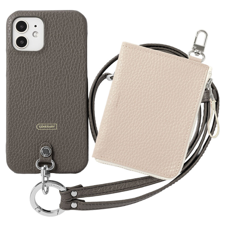 Ensemble 3 pièces en cuir italien grainé C avec mini portefeuille et bandoulière à anneau (avec ferrures) et coque arrière