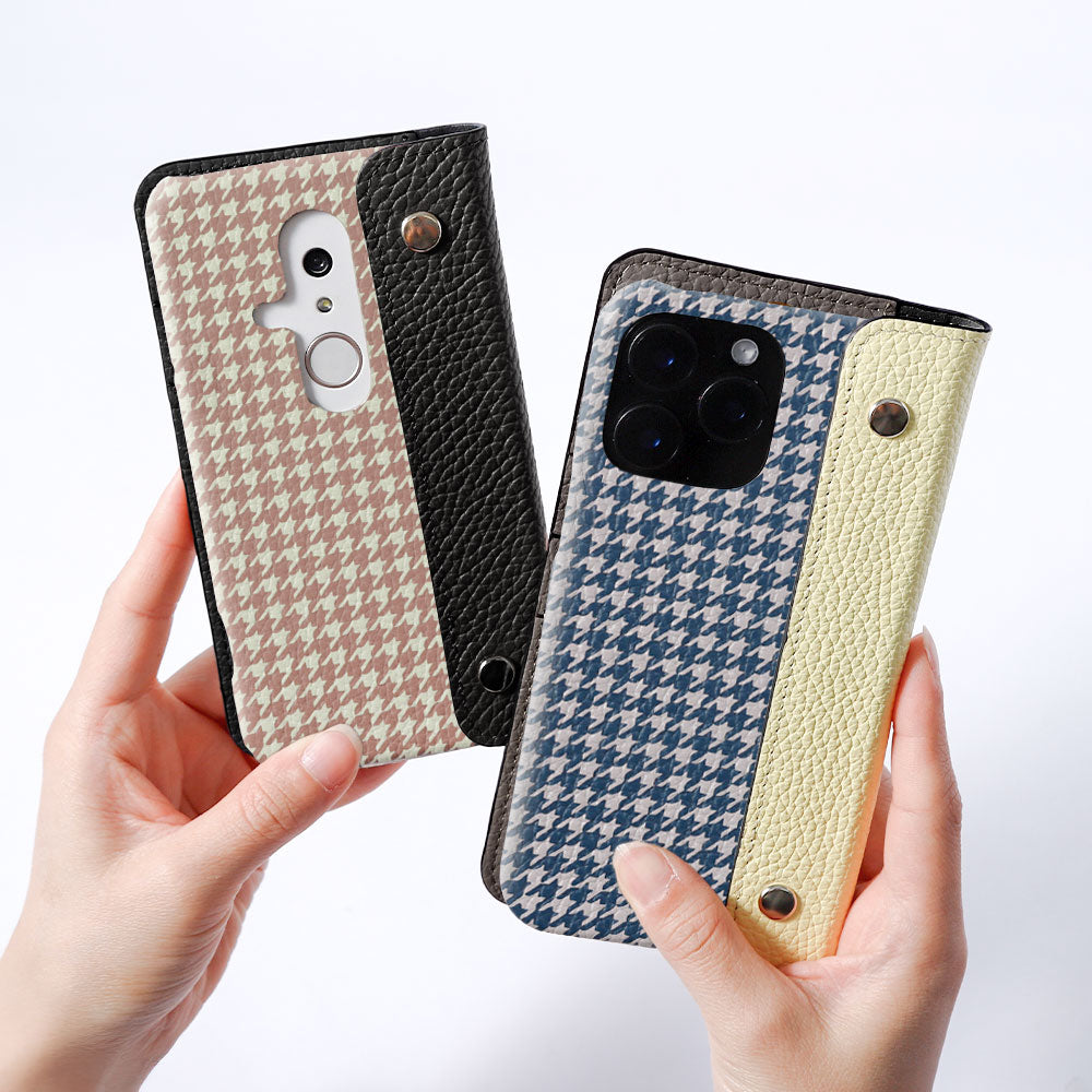 本革 イタリアンシュリンクレザー ハーフポケットカバー付き 千鳥格子柄 背面ケース Xperiaシリーズ