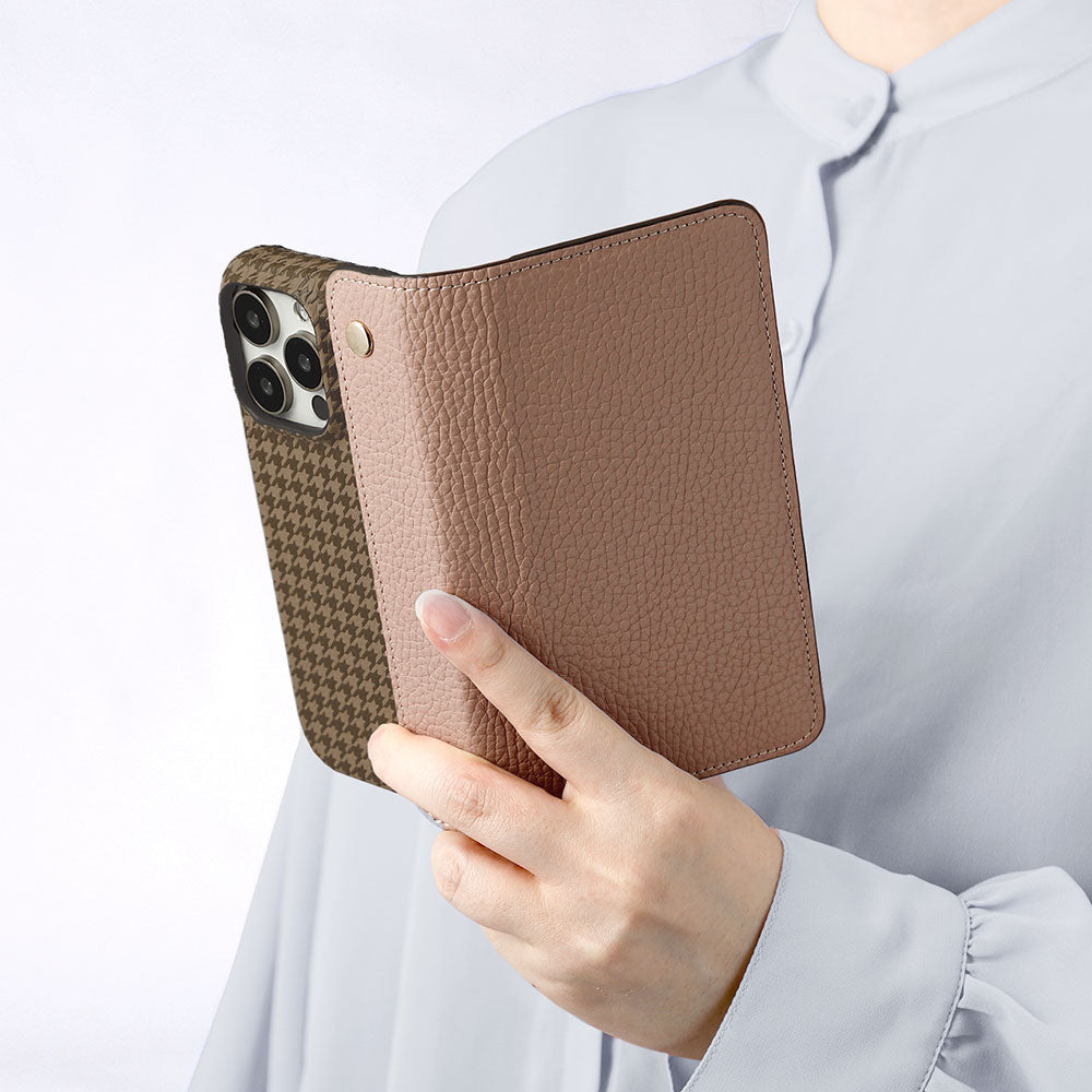 本革 イタリアンシュリンクレザー ハーフポケットカバー付き 千鳥格子柄 背面ケース Xperiaシリーズ