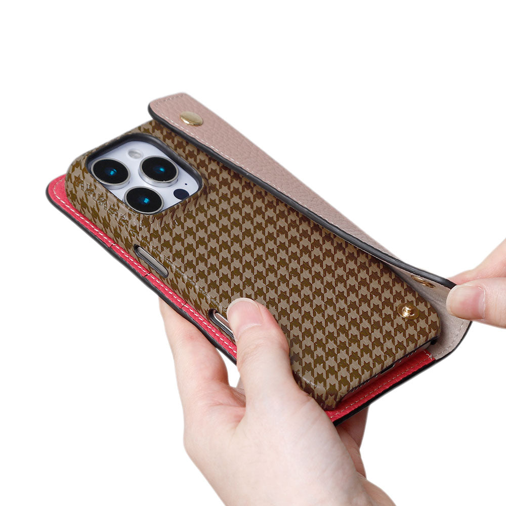 本革 イタリアンシュリンクレザー ハーフポケットカバー付き 千鳥格子柄 背面ケース Xperiaシリーズ