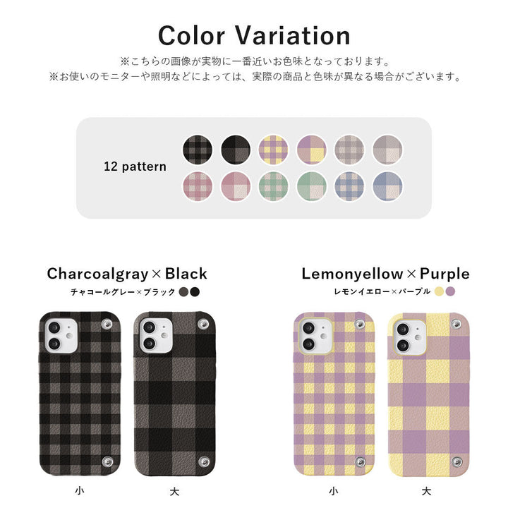 本革 32色 イタリアンシュリンクレザー ハーフポケットカバー付き ギンガムチェック柄 背面ケース iPhoneシリーズ