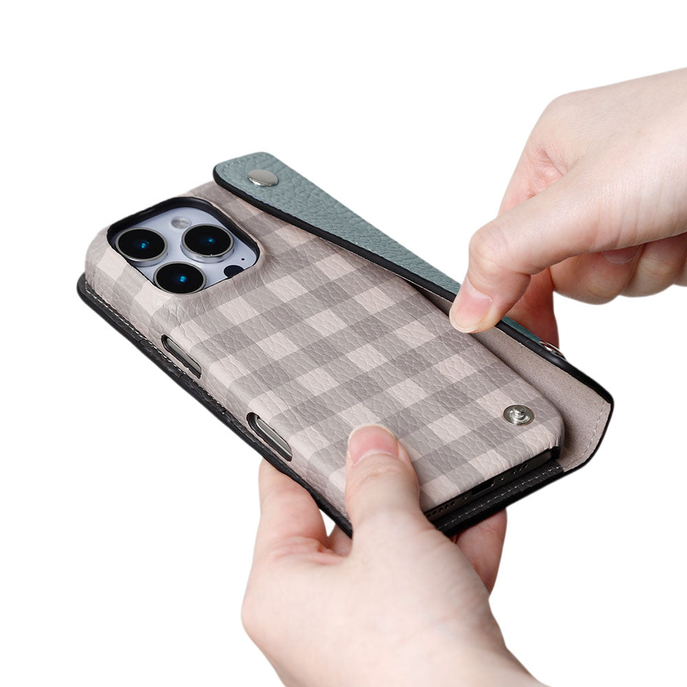 Genuine leather 32 colors Italian shrink leather with half pocket cover gingham check pattern back case AQUOS series