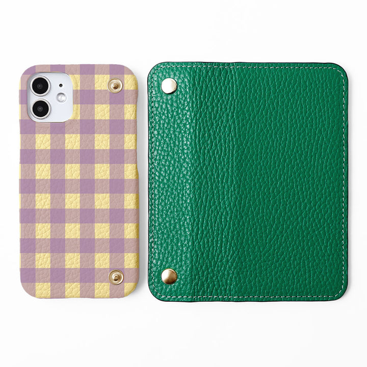 Cuir véritable 32 couleurs Cuir italien grainé avec demi-pochette motif vichy coque arrière