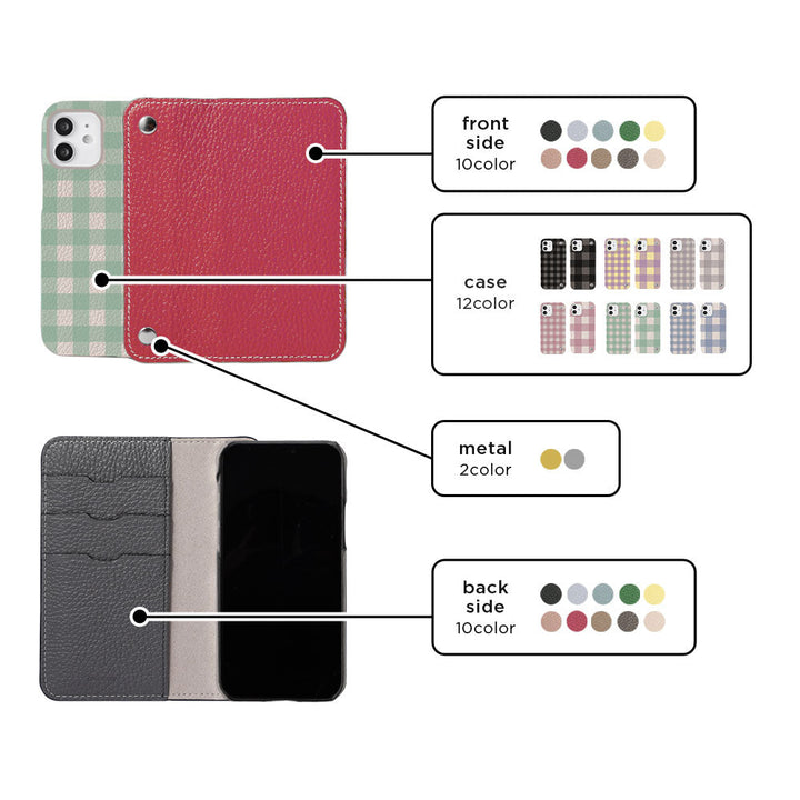 本革 32色 イタリアンシュリンクレザー ハーフポケットカバー付き ギンガムチェック柄 背面ケース iPhoneシリーズ