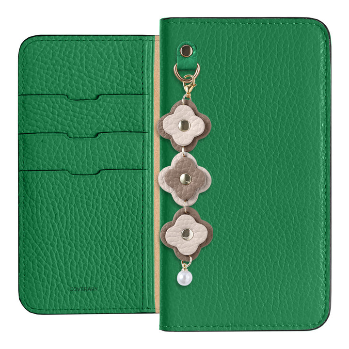 Cuir véritable 32 couleurs cuir italien grainé étui portefeuille à 3 breloques fleurs série AQUOS